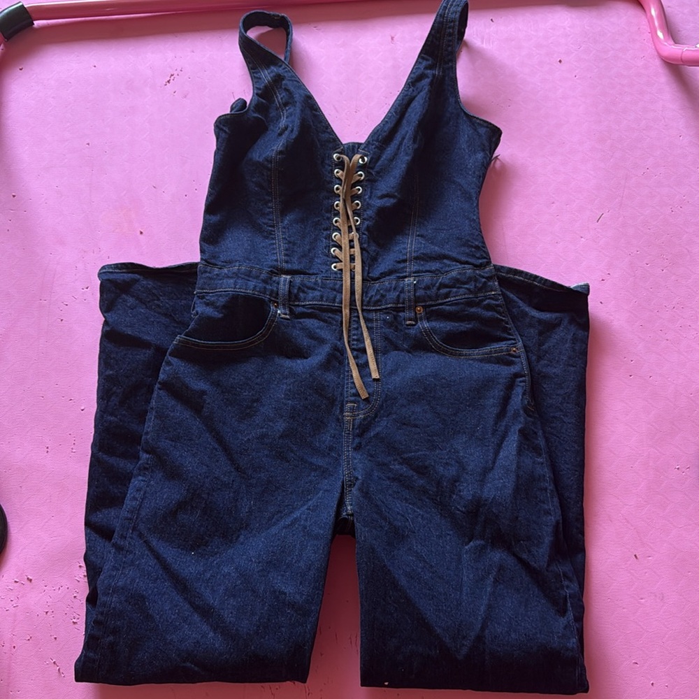 Dark Indigo Lace-Up Denim Jumpsuit - Picture 2 of 4